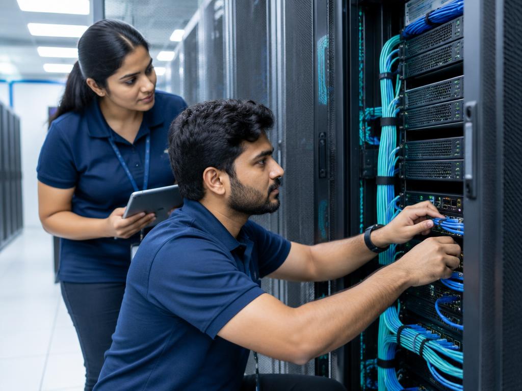 IT specialists installing and configuring server infrastructure