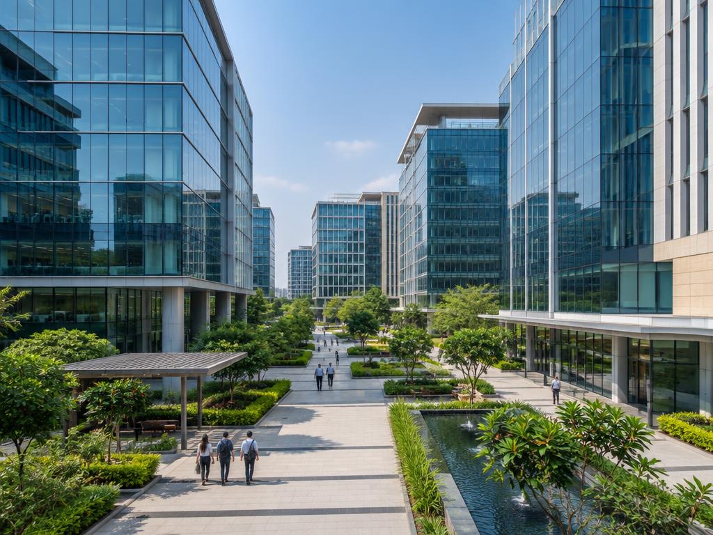 Modern commercial buildings surrounding a landscaped courtyard